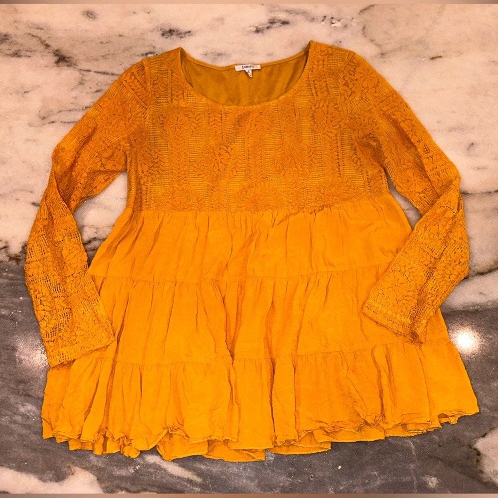 JODIFL Size‎ Small Boho Mustard Lace Babydoll Blouse